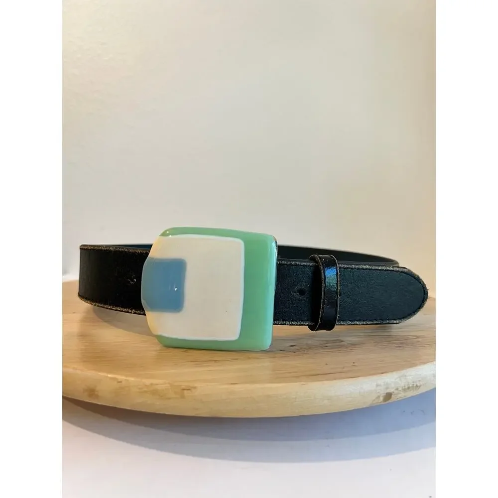 Vintage Black Italian Genuine Leather Glass Large Glass Buckle Belt Size Small